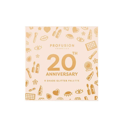 Profusion Cosmetics 20th Anniversary glitter palette packaging with gold icons on a light pink background