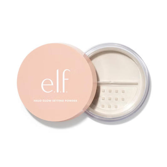 e.l.f. Studio Wild Glow Setting Powder in a clear container with a pink lid on a white background