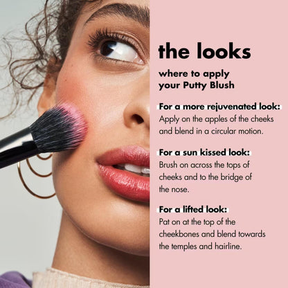 Makeup application guide with a brush and text on applying Putty Blush.