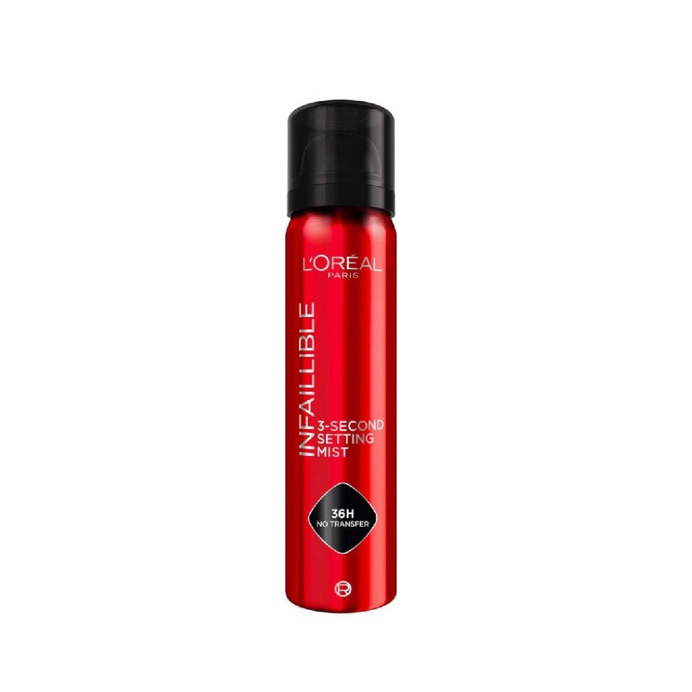 L'Oreal Paris Infallible 3-Second Setting Mist spray bottle on a white background
