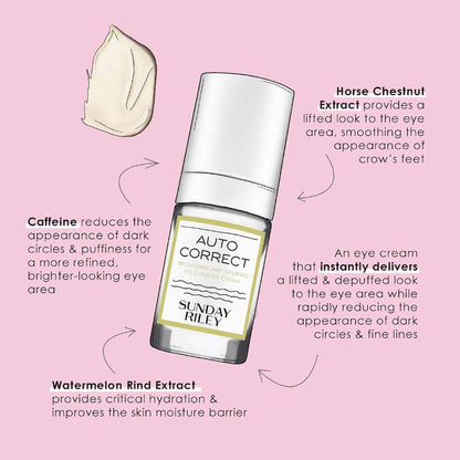 Sunday Riley eye cream bottle with text on a pink background