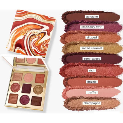 Makeup palette with swatches labeled on a white background
