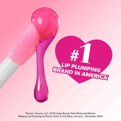 Pink lip plumping tool with a heart-shaped badge declaring '#1 Lip Plumping Brand in America' on a pink background.